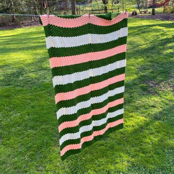 Vintage Crocheted Twin Blanket Green Peach White Striped - Picture 1 of 4